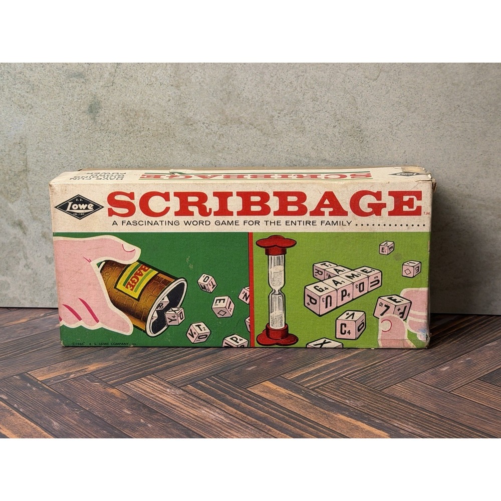 Lowe Scribbage Word Game 1963 Release Original Box Dice Timer Cup Complete